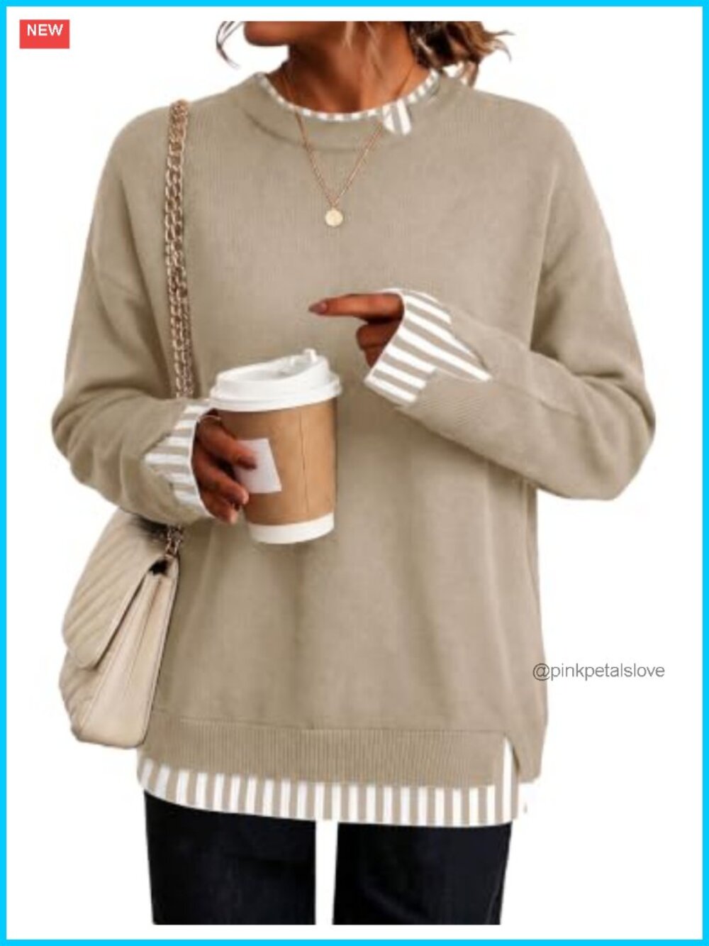 Faux Layered Long Sleeve Pullover Sweater Loose Fit